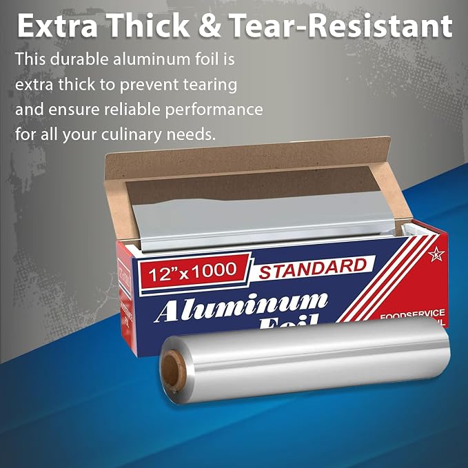 12" x 1000" (1 Pack) Standard Aluminum Foil Roll - Food Service Aluminum Roll - Commercial Grade Disposable Foil Roll for Food Service Industry and Home Use
