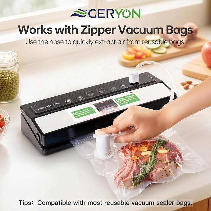 GERYON Food Vacuum Sealer Machine for Dry & Moist Food, Compact Design | Includes reusable vacuum bags and a roll for sous vide, meal prep and freezer storage, with easy LED touch controls.