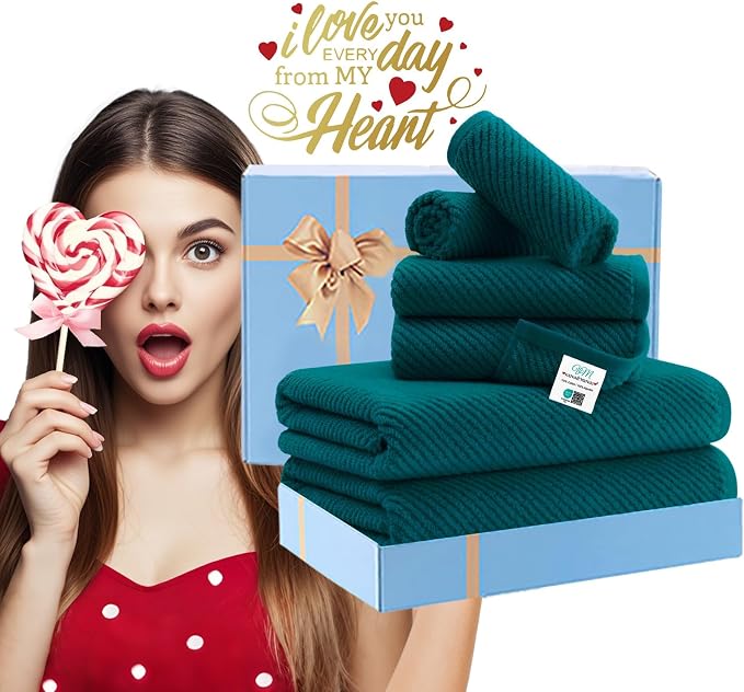 VOOVA & MOVAS 6PC Towel Set, 100% Cotton, Deep Turquoise Dark Teal | 2 Large Bath 30x56 In, 2 Hand 18x28 In, 2 Washcloths 13x13 In, Soft, Quick Dry, Thick, Guest Towel Set, Gift Towel