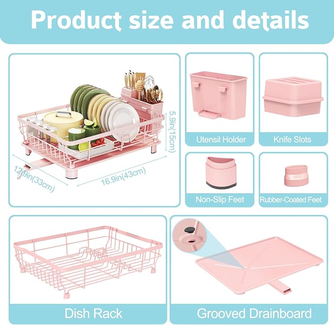 Dish Drying Rack for Kitchen Counter,12.8" W x 16.9" L,Pink | Space Saving Dish Rack, Self-Draining Drainboard, Rustproof Dish Drainer, Removable Utensil Holder