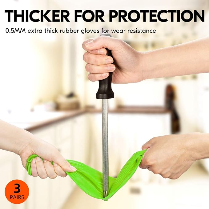 Vgo... 3-Pairs Dishwashing Gloves - Reusable Household, Kitchen, Long Sleeve, Thick Latex, Cleaning, Washing, Working, Painting, Gardening, Pet Care (Size L, Green, RB2143)