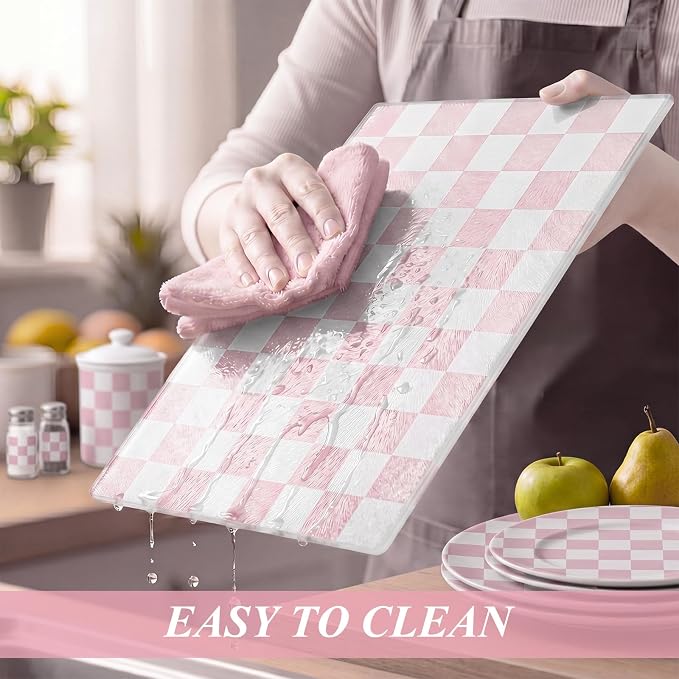 Thenshop Set of 2 Tempered Glass Cutting Boards Pink Check Countertop Cutting Boards Heat Resistant with Non-slip Feet for Kitchen Counter Housewarming Wedding Gift 7.9x11inch+11x15 Inch