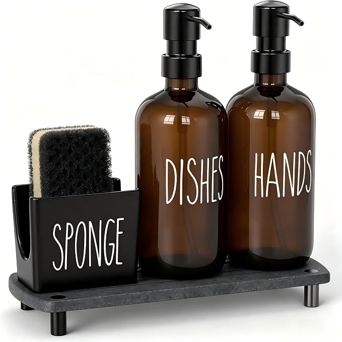 Cisily Amber Kitchen Soap Dispenser Set with Ceramics Sponge Holder | Black Metal Pump Head, Quick-Drying Soil Plate