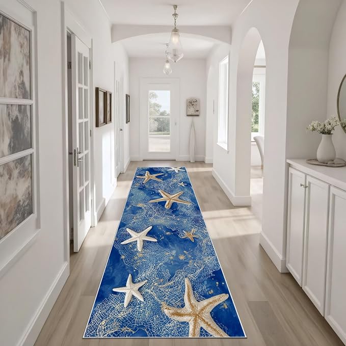 Watercolor Sea Hallway Washable Runner Rug 2x7, Starfish Hallway Rug Soft Non Slip Low Pile Floor Mat, Seaside Fishing Net Carpet Runner for Entryway Corridor Laundry Bedside Rugs Decor