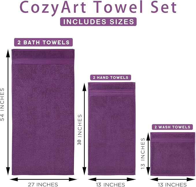 COZYART Luxury Bath Towel Set 3 PCS, Purple 100% Turkish Cotton 650 GSM | OEKO-Tex 100 Certified Zero Twist Ring Spun, Soft Absorbent Quick Dry, Plush Fluffy, Breathable Hotel Quality for Daily Use
