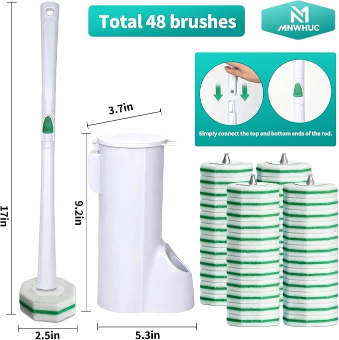 Disposable Toilet Brush, Toilet Bowl Cleaning System with 48 Count Wand Refill, Clean Brush Starter Kit with 1 Toilet Wand, 1 Storage Caddy and 1 wall Sticker (White)