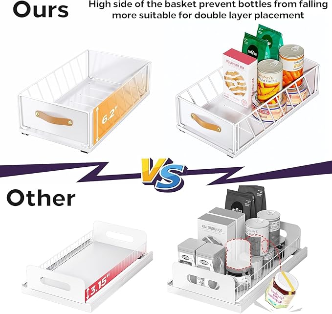 4Pack Pull out Cabinet Organizer,Heavy Duty Slide out Pantry Shelves Drawer Storage with Adhesive Nano Film,Sliding Mesh Basket with Handle for Kitchen, Bathroom, Home, 11.8W" X 15.7"D X 6.2"H,White