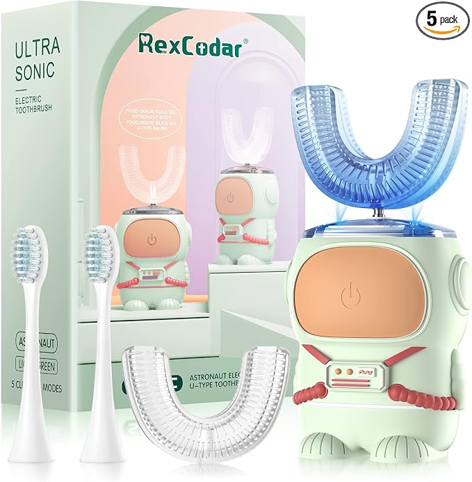 RexCodar Ultrasonic Kid's U-Shaped Electric Toothbrush, IPX7 Waterproof, Five Cleaning Modes, Cartoon Astronaut, 60S Smart Reminder (2-6 Age (Green))