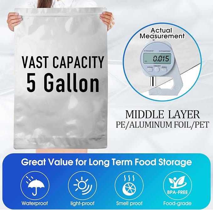 15 Mil 5 Gallon Mylar Bags for Food Storage with 2500cc Oxygen Absorbers - 55 Pack Mylar Bags Include 5 Gallon, 1 Gallon,1 Quart, 100 Pcs Labels and 500cc Oxygen Absorbers for Long Term Food Storage