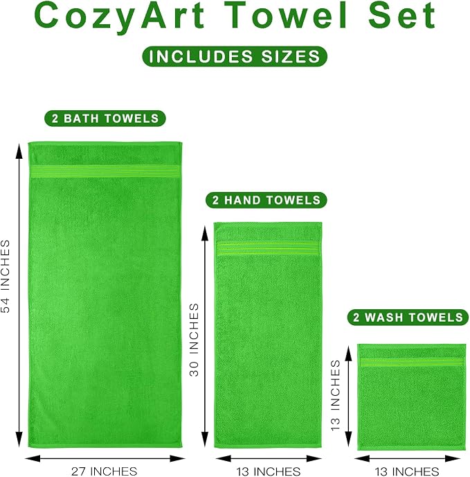 COZYART Luxury Bath Towel Set 6 Pcs Kelly Green 100% Turkish Cotton 650 GSM | OEKO-Tex 100 Certified Zero Twist Ring Spun, Soft Absorbent Quick Dry, Plush Fluffy, Breathable Hotel Quality for Daily Use