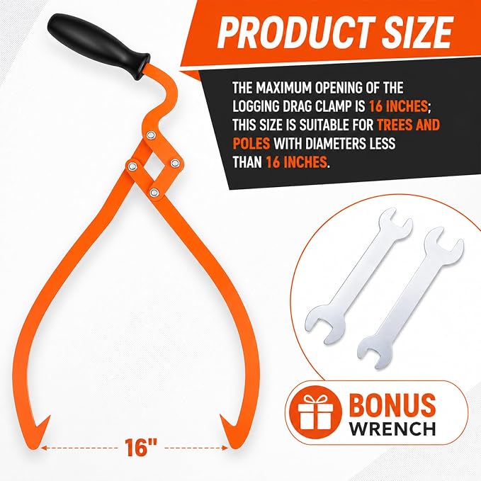 Blulu 1 Pcs 16 Inch 2 Claw Log Tongs Logging Skidding Tongs with Non Slip Grip Stainless Steel Hand Log Grapple Lifter Handling, Dragging, Carrying Tool for Moving Wood Trees
