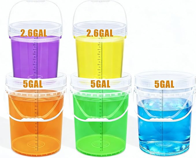 5 Gallon Bucket with Lid & 2.6 Gal Plastic Food Storage Containers, 5 Pack Clear Buckets with Lids, Food Grade Pail for Ice Cream, Dog Food, Water, Large Quart Container with Handle