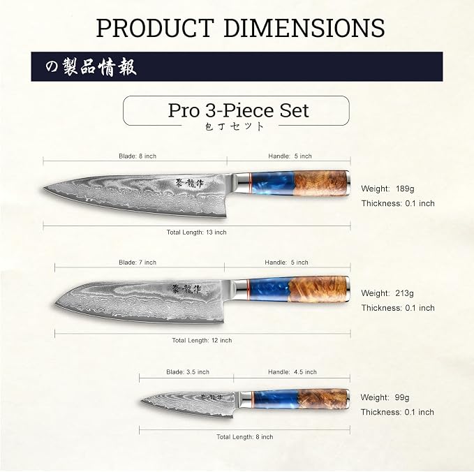 Japanese Chef Knife Set 3 Pcs, 67-Layer Damascus Kitchen Knife Set with VG10 Steel Core, Professional Sharp Damascus Knives with Ocean-Blue Ergonomic Handle, Include Elegant Cooking Gifts Box
