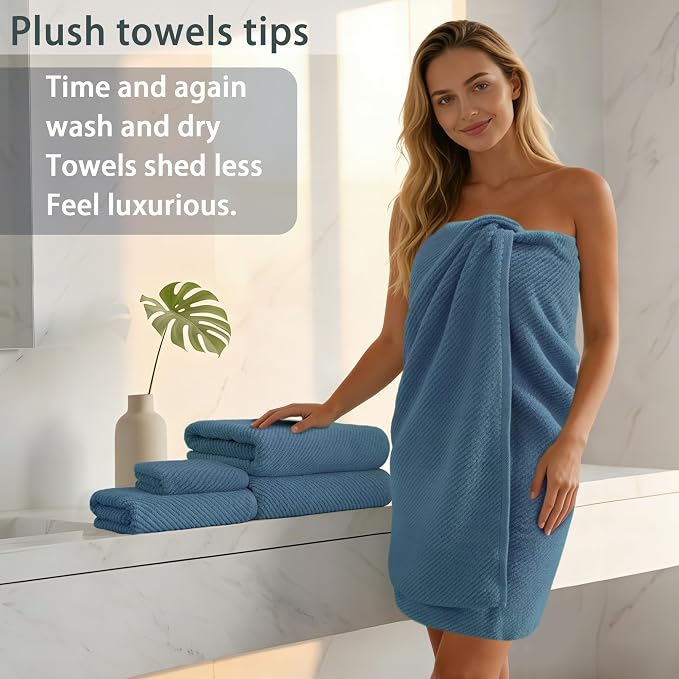 VOOVA & MOVAS Bath Towels 4PC, 100% Cotton, 30x56 in, Denim Blue | Thick, Soft, Absorbent, Quick Dry, Luxury Bathroom Essentials, Great For Daily Shower, Face Care, Gym