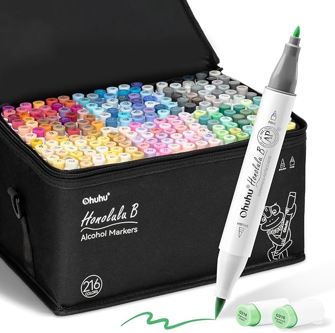 Ohuhu Alcohol Based Brush Markers -Double Tipped Art Marker Set for Artists Adults Coloring Sketch Illustration - Brush & Fine Dual Tips - 216 Colors - Honolulu B of Ohuhu Markers - Refillable Ink