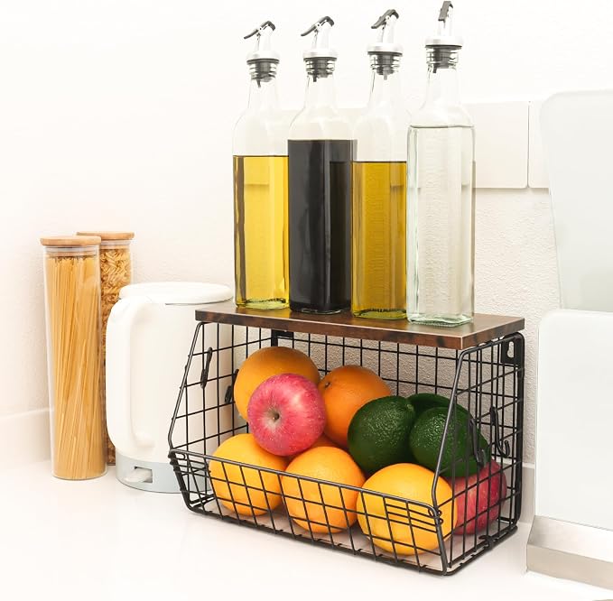 Mefirt Fruit Bowl, Stackable Wall Mounted Fruit Basket of Smooth Wood Lid with 4 Banana Hanger Hooks, Metal Kitchen Counter Organizer for Snack, Fruit and Vegetable Storage, 11.8 * 7.9 * 8.5 Inches