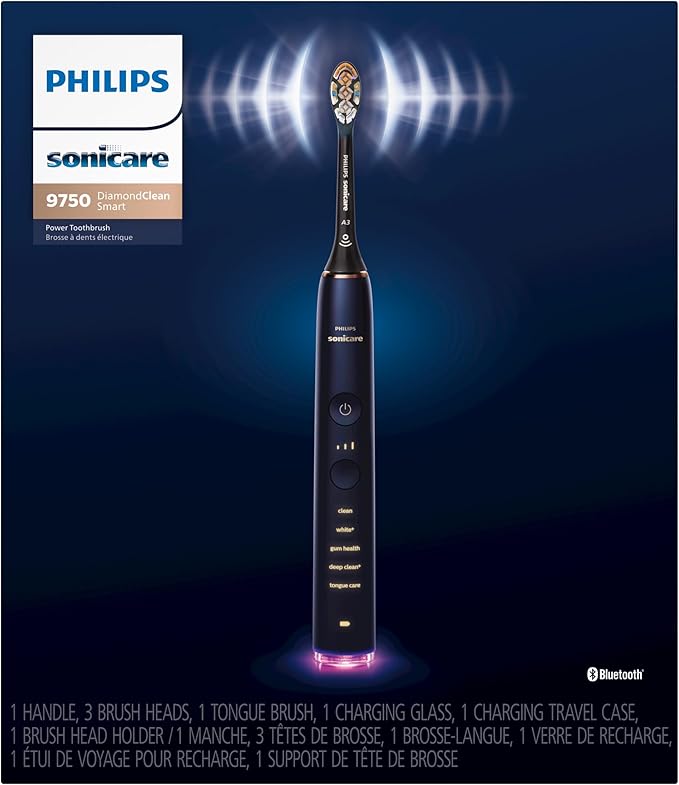 Philips Sonicare DiamondClean Smart 9750 Electric Toothbrush - Sonic Toothbrush with App, Pressure Sensor, 15 Brushing Settings, Replacement Reminder, USB Charging Travel Case, Lunar Blue, HX9954/74