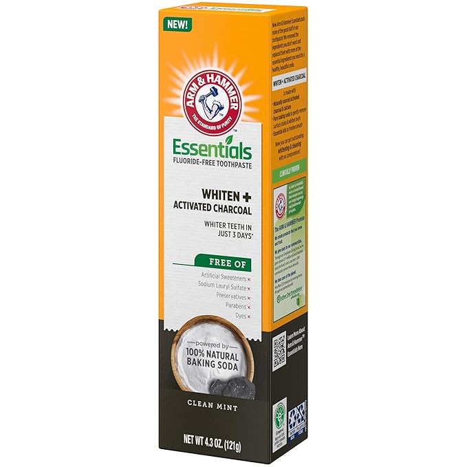 ARM & HAMMER Essentials Fluoride-Free Toothpaste,Whitening + Activated Charcoal Toothpaste of 4.3oz Tubes,Clean Mint,100% Natural Baking Soda,(Pack of 12)