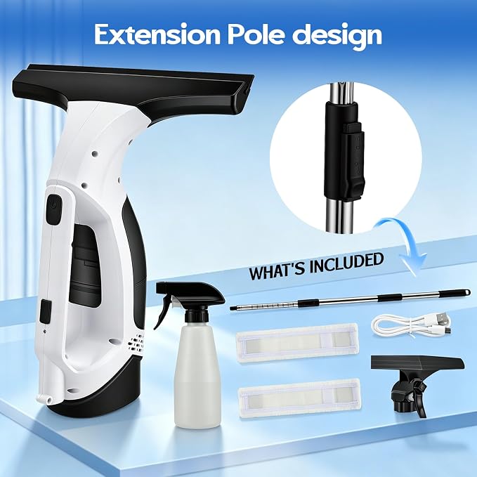 Cordless Window Vacuum Squeegee, 1.8-2 KPA Electric Window Vacuum Cleaner Tool with 0.8-1M Extendable Pole, Silicone Cleaning Scraper, 150ML Water Tank, 2200mAh IPX4, for Shower Glass, Car, Kitchen