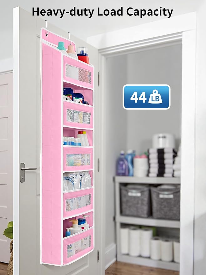 JARLINK Over the Door Organizer for Pantry, Bathroom, 5 Shelf Pink, 2 Pack | Anti-Tilt Design, 44 lb Load Capacity, Hanging Door Organizer with 5 Large Capacity Pockets, Behind Door Storage for Nursery