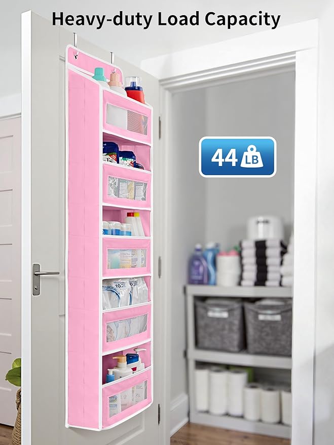 JARLINK Over the Door Organizer for Bedroom, Pantry, Bathroom, 5 Shelf Pink | Anti-Tilt Design, 44 lb Load Capacity, Hanging Door Organizer with 5 Large Capacity Pockets, Behind Door Storage for Nursery