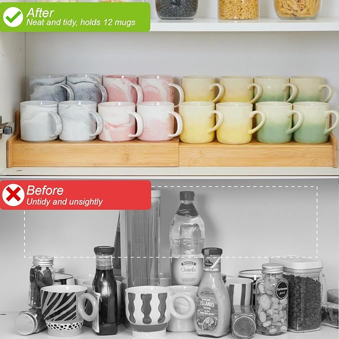 Hongtamoya 2-Tier Expandable Bamboo Mug Holder Coffee Mug Rack Organizer for Countertop, Multi-Functional Mug Display Shelf for Coffee Bar, Kitchen, and Home (15.35"~29.92")