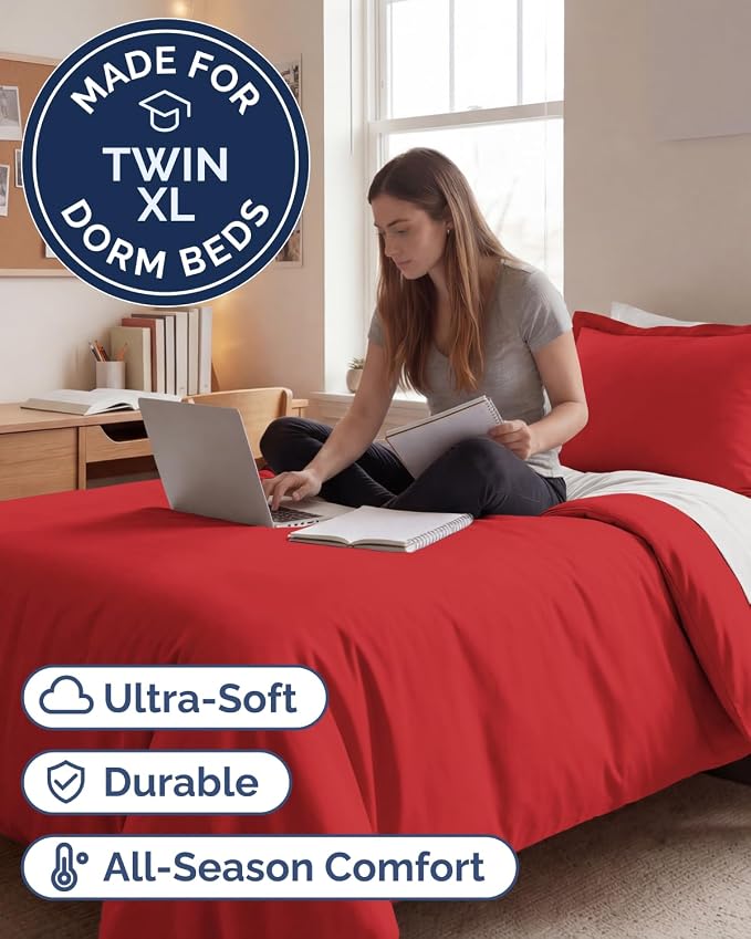 Duvet Cover Twin/Twin XL Size Set - Extra Soft Twin/Twin XL Duvet Cover 68" x 90" with 1 Pillow Sham for Women, Men, Kids & Teens - Breathable, Easy-Care & Fade Free w/ Zipper Closures & Ties (Red)