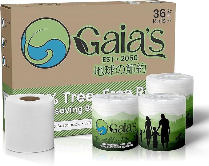 Gaias Premium and Soft Organic Bamboo Toilet Paper | 36 Mega Rolls, 3 Ply, 370 Sheets | FSC Certified, PFAS & BPA Free, Eco-Friendly, Sustainable Tissue - Plastic Free, Septic Safe, Vegan