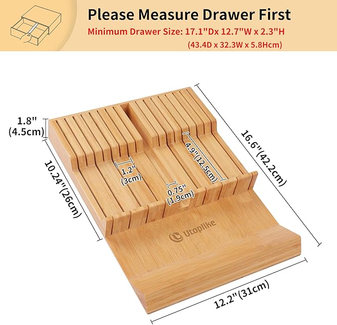Utoplike In-drawer Knife Block Bamboo Kitchen Knife Drawer Organizer Large, handle Steak knife Holder without Knives, Fit for 16 Knife and 1 Sharpening Steel (Knives & Sharpening Not Included)