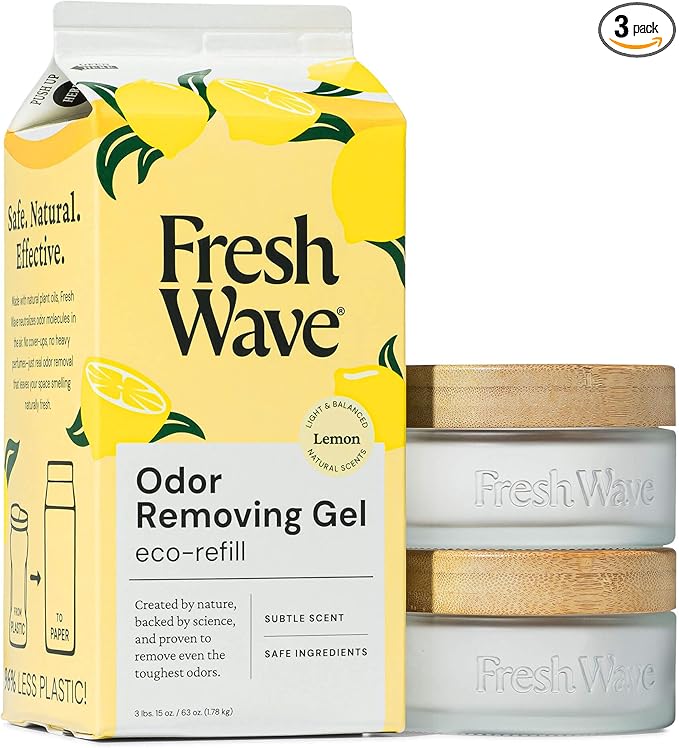 Fresh Wave Odor Removing Gel Eco-Refill, 63 oz. Lemon Scent | 2 Empty Refillable Glass Jars | 2 Room Set