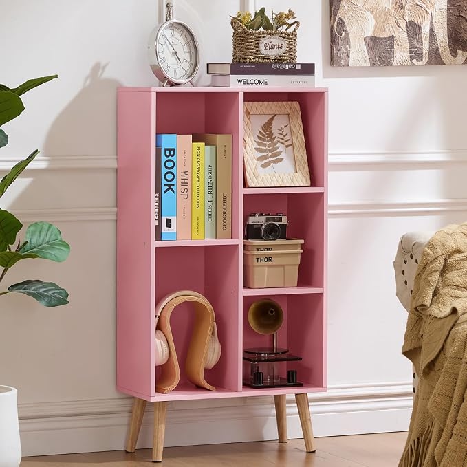 LEYAOYAO 5 Cube Bookshelf,Mid-Century Modern Bookcase with Legs,Light Pink | 3 Tier Book Shelf,Rustic Wood Bookshelves Freestanding Small Storage Organizer, Open Shelves for Bedroom, Living Room, Office