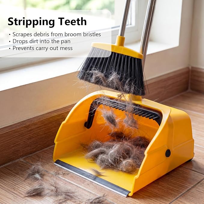 Jumbo Commercial Dustpan with Wheels & Comb Teeth - Heavy Duty 14.2" Rolling Debris Pan - Long Handle Extra Large Upright Dust Pan for Industrial Warehouse Garage Restaurant Sidewalk Outdoor - Yellow