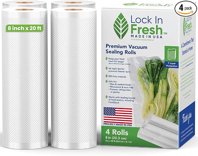 Vacuum Sealer Bags for Food - Heavy Duty Food Saver Vacuum Sealer Bag Rolls - Sous Vide, Seal a Meal Bags, 4-pack, 8" x 20' - Made in the USA