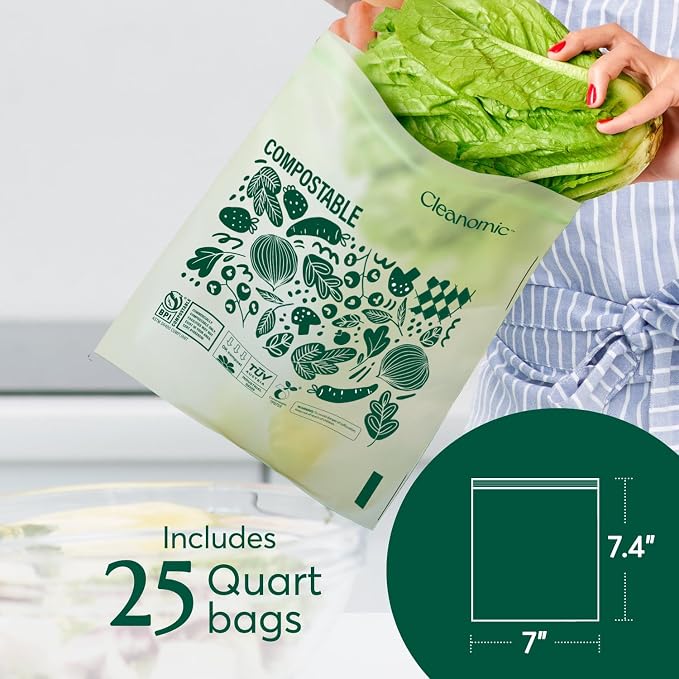 Cleanomic Compostable Zip Sandwich Bags - Leak Resistant, Gallon, Quart, Sandwich, Snack - 125 Count