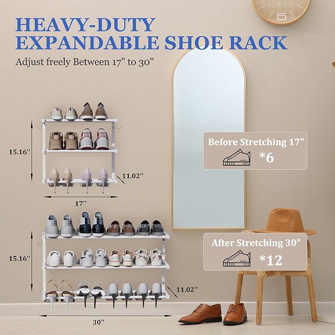 3 Pack Wall Mounted Shoe Rack, 3 Tier Hanging Shoe Rack Holds 36 Pairs, 17"-30"Adjustable Heavy Duty Metal Shoe Organizer Holder with 6 Storage Hooks, Space Saving for Closet Entryway Doorway（White)