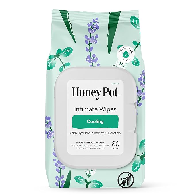 The Honey Pot Company - Feminine Wipes - Cooling - Cooling Tingle Effect - Herbal Infused w/Mint, Aloe Vera, Lavender - pH Balanced Feminine Care for Sensitive Skin - Cleansing Wipes for Women - 30ct