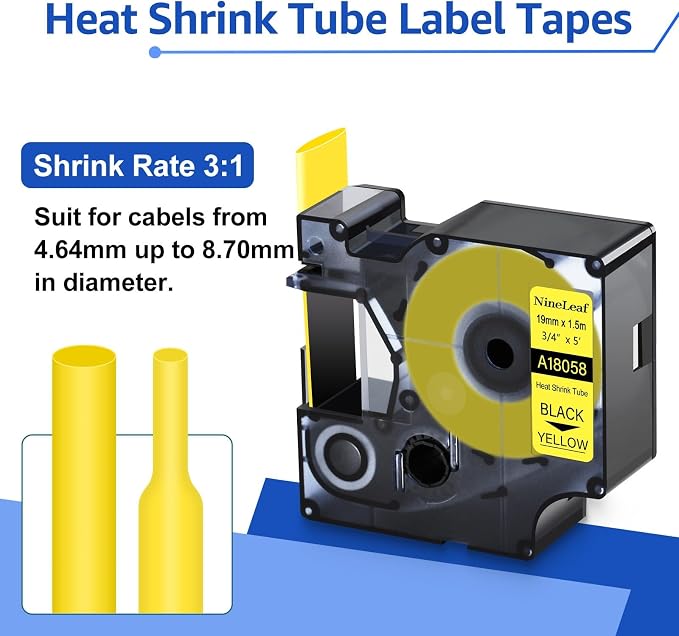NineLeaf 5 Pack Compatible Labels Tape Replacement for Dymo 18058 3/4 inch Black on Yellow Heat Shrink Tube Labels 19mm x 1.5m for Wires and Cables Use in Rhino 4200 5200 5000 6000 3M Label Maker