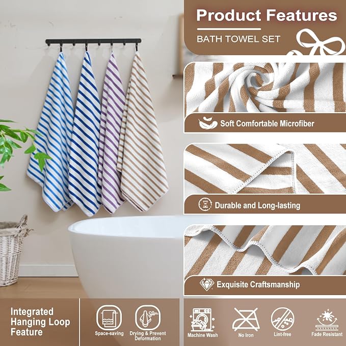 JML Beach Towels Set of 2, 30" x 60", Cabana Stripe Coffee | Hanging Loop, Soft, Absorbent, Quick Dry Bath Towel for Summer Swimming Pool Party, Yoga, Camping
