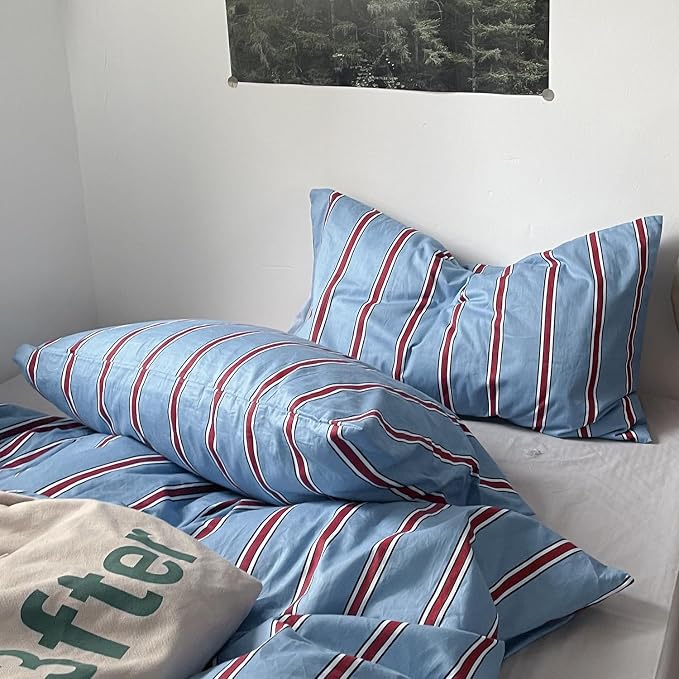 mixinni Vintage Striped Blue Duvet Cover King - 100% Cotton Red Stripes 3-Piece Bedding Duvet Cover Set with Zipper Closure, Soft & Breathable Retro Design for All Seasons (King Size)