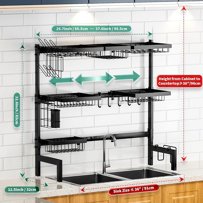 Over The Sink Dish Drying Rack,Expandable Length 3-Tier Large Stainless Steel Over The Sink Dish Rack with 6 Baskets, Utensil Holder Dish Drainers for Kitchen Counter | Stainless Steel, with 6 Baskets & Utensil Holder, for Kitchen Counter, Black