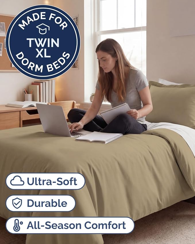 Duvet Cover Twin/Twin XL Size Set - Extra Soft Twin/Twin XL Duvet Cover 68" x 90" with 1 Pillow Sham for Women, Men, Kids & Teens - Comfy, Easy-Care & Fade Free with Zipper Closures and Ties (Beige)