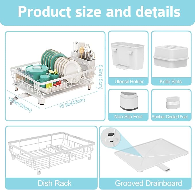 Dish Drying Rack for Kitchen Counter,12.8" W x 16.9" L,White | Space Saving Dish Rack, Self-Draining Drainboard, Rustproof Dish Drainer, Removable Utensil Holder