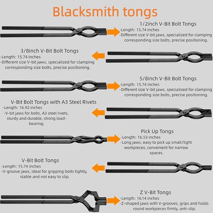 7PCS Blacksmith Tools Set - Flat Jaw & V-Bit Tongs 3/8" 1/2" 5/8" V-Bolt, Z V-Bit, A3 Steel Rivets,Assembled Forging Kit for Metalworking