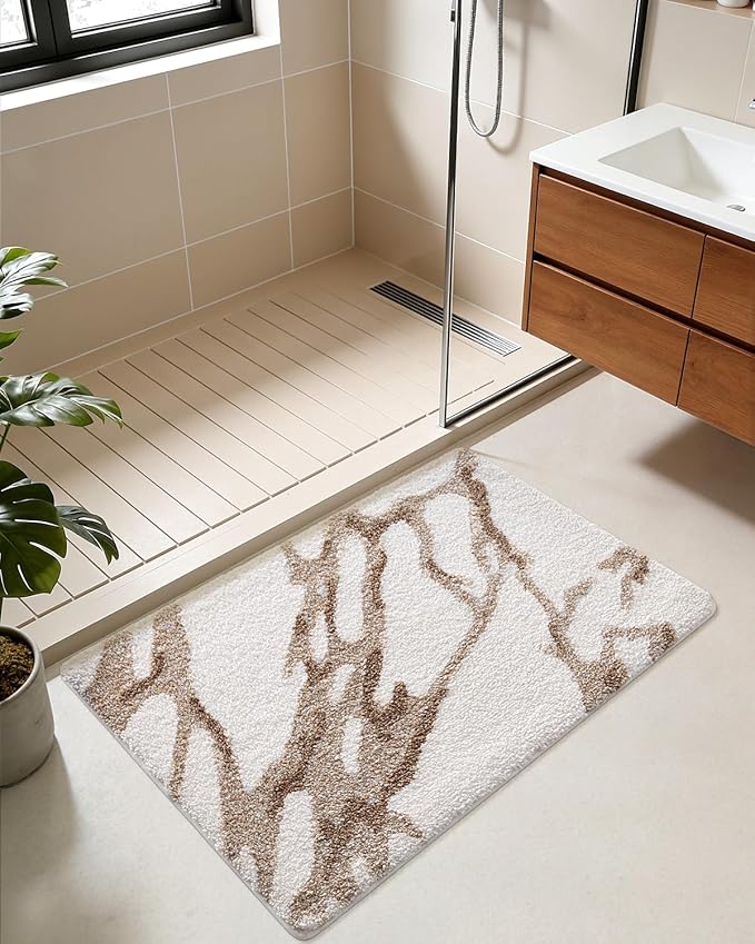 DEXI Bathroom Rug Mat 43x24, Soft and Absorbent Marble Bath Mat, Non Slip Machine Washable Bath Rugs for Shower Floor, Tub, Sink, White and Beige