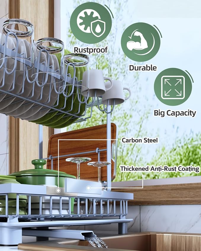 Dish Drying Rack 2-Tier Dish Racks with Drainboard, Rustproof, Space-Saving Dish Rack, Utensil & Cup Holder for Kitchen Counter, Blue