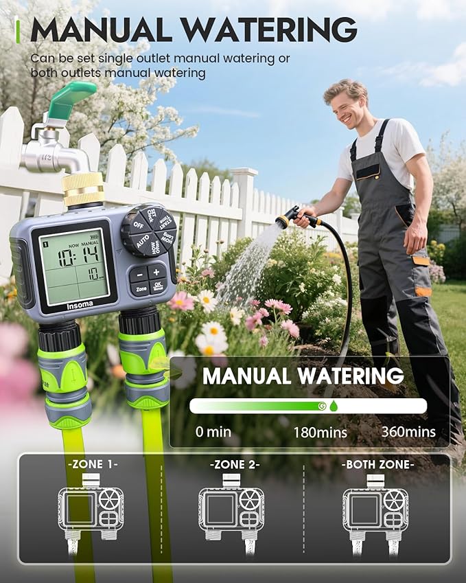 Insoma 2-Zone Sprinkler Timer with Brass Inlet, Water Hose Timer with Auto/Manual Modes + Rain Delay, Big LCD Display, for Garden, Yard Lawn, IPX5 Waterproof & Save Water