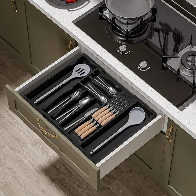 TIOPGHAD Bamboo-Silverware-Drawer-Organizer-Kitchen, Expandable Utensil Holder Cutlery Tray Flatware Organization Adjustable Wood Tableware Dividers Storage (with Removable Knife Block)(Black)