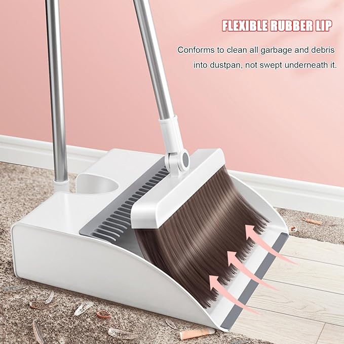 Broom and Dustpan Combo Set for Home, Soft Bristles Angle Broom, Dust Pan with Comb Teeth, Long Handle Upright Standing Sweep Set for Room Kitchen Office,Buckle~Lock