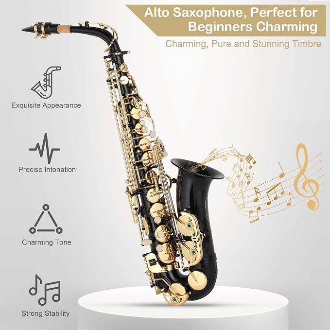 E Flat Alto Saxophone, Brass Sax with Carry Case, Black | Saxophones Include Mouthpiece, Cleaning Brush, Cloth, Strap Accessories, For Beginner Student and Professional