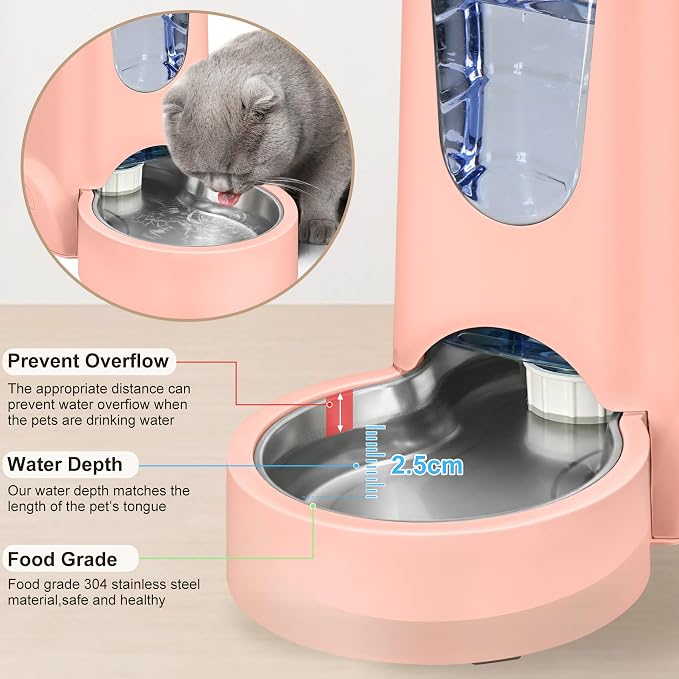 WyfKyd Auto Cat Feeder and Dog Water Dispenser with Stainless Steel Bowl | 2 Pack Auto Cat Feeder and Dog Waterer Gravity Stainless Steel Water Dispenser Set for Medium Puppy Kitten Pets 1Gal Pink
